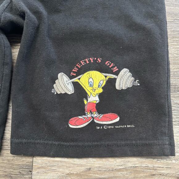 Vintage 90s Looney Tunes Tweety's Gym Black Womens M Stretch Booty Shorts Sweats - Picture 3 of 10